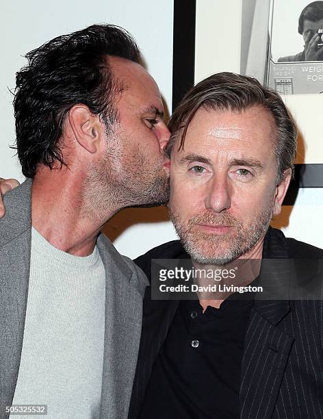 Actors Walton Goggins and Tim Roth attend Vivian Maier - Photographs from the Maloof Collection at Merry Karnowsky Gallery on January 16, 2016 in Los...