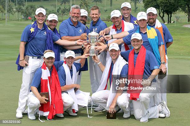 Team Europe celebrates with the EurAsia Cup after they defeated Team Asia on the final day's singles matches at the EurAsia Cup presented by...