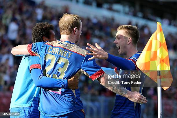 David Carney of the Jets celebrates his goal with team mates during the round 15 A-League match between the Newcastle Jets and the Wellington Phoenix...