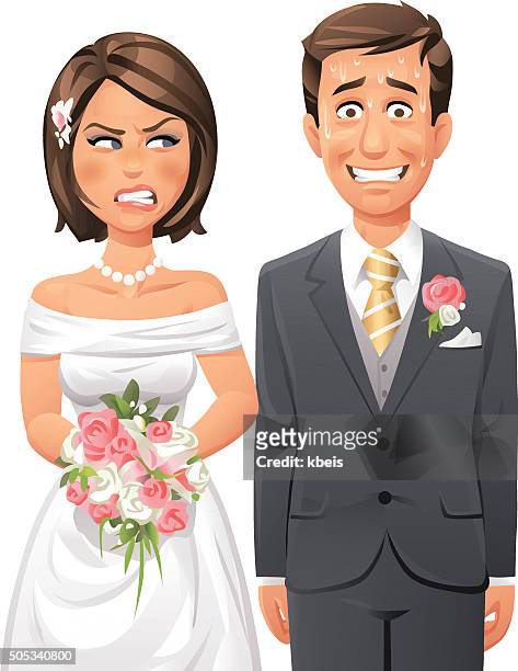 nervous groom and angry bride - altar stock illustrations