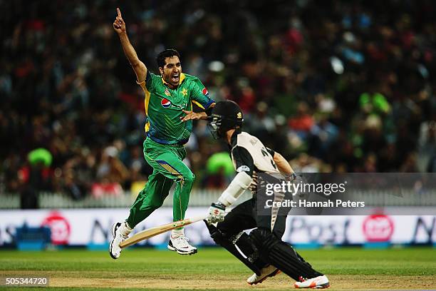 Umar Gul of Pakistan unsecessfully appeals for the wicket of Kane Williamson of the Black Caps during the International Twenty20 match between New...