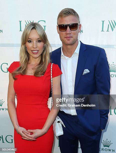 Freddie Flintoff and Rachael Flintoff arrive at the 2016 Australian Open party at Crown Entertainment Complex on January 17, 2016 in Melbourne,...