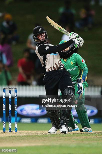 Martin Guptill of the Black Caps plays the ball away for four runs during the International Twenty20 match between New Zealand and Pakistan at Seddon...