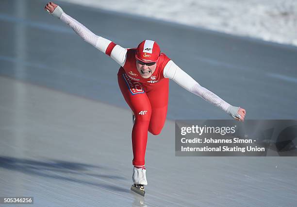 Kaja Ziomek of Poland competes in the ladies 500 m heats during day 1 of ISU speed skating junior world cup at ice rink Pine stadium on January 16,...