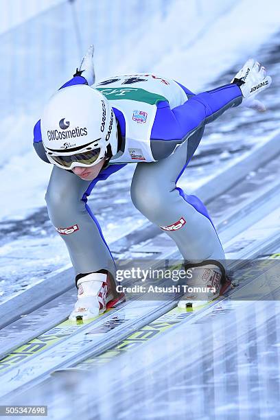 Daniela Iraschko-Stolz of Austria competes in the Qualification round Individual HS 100 during the FIS Ski Jumping World Cup Ladies Sapporo on...