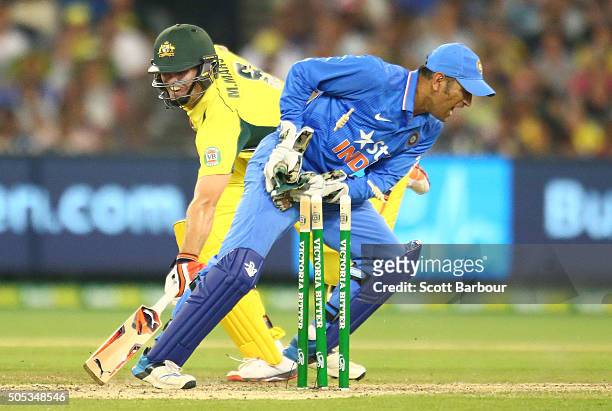Mitchell Marsh of Australia is run out by MS Dhoni of India during game three of the One Day International Series between Australia and India at the...