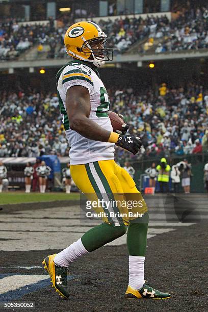 Wide receiver James Jones of the Green Bay Packers score a 30-yard touchdown against the Oakland Raiders in the third quarter on December 20, 2015 at...