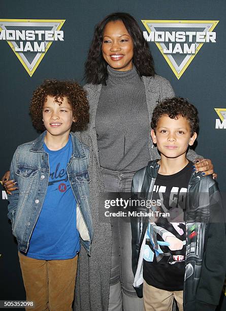 Garcelle Beauvais with her sons' Jax Joseph Nilon and Jaid Thomas Nilon attend the 2016 Monster Jam held at Angel Stadium of Anaheim on January 16,...