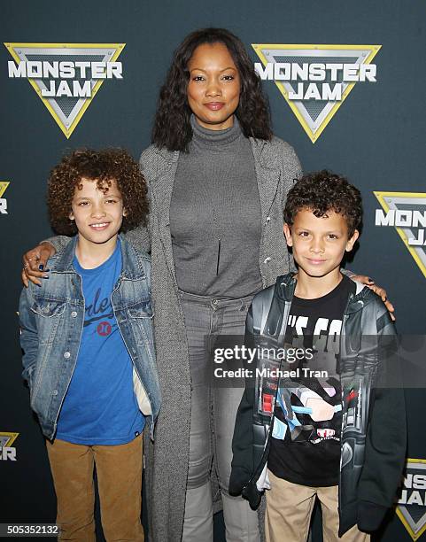 Garcelle Beauvais with her sons' Jax Joseph Nilon and Jaid Thomas Nilon attend the 2016 Monster Jam held at Angel Stadium of Anaheim on January 16,...