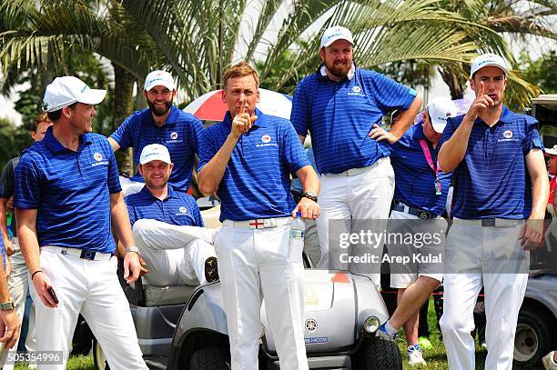 Danny Willet, Ian Poulter and Ross Fisher of Team Europe having fun after winning the EurAsia Cup 2016 presented DRB-HICOM at Glenmarie G&CC on...