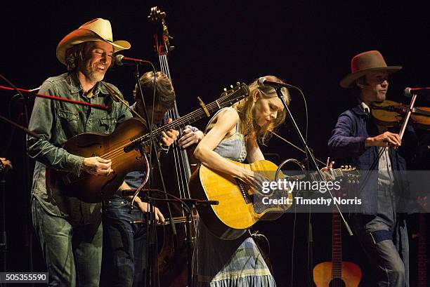 Dave Rawlings, Paul Kowert, Gillian Welch and Willie Watson perform at The Theatre at Ace Hotel Downtown LA on January 16, 2016 in Los Angeles,...