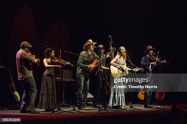 Brittany Haas, Dave Rawlings, Paul Kowert, Gillian Welch and Willie Watson perform at The Theatre at Ace Hotel Downtown LA on January 16, 2016 in Los...