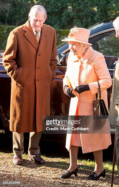 Queen Elizabeth II and Prince Philip, Duke of Edinburgh attend church at Hillington on January 17, 2016 in King's Lynn, England.