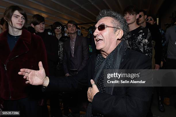 Saverio Moschillo and models are seen backstage ahead of the Richmond show during Milan Men's Fashion Week Fall/Winter 2016/17 on January 17, 2016 in...