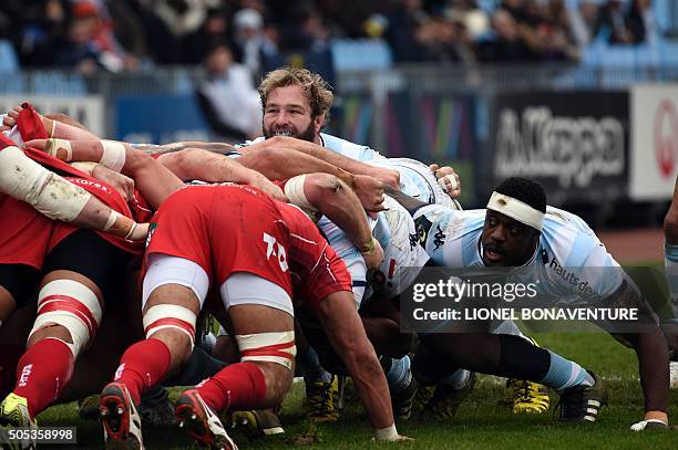 Racing Metro 92 South African Number Eight Antonie Claassen and Racing Metro 92 French flanker Yannick Nyanga are seen a during the European Rugby...