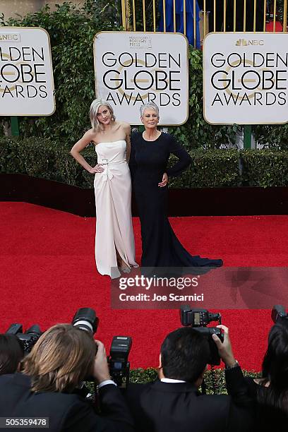 Annie Guest and Jamie Lee Curtis arrive at the 73rd Annual Golden Globe Awards held at The Beverly Hilton Hotel on January 10, 2016 in Beverly Hills,...