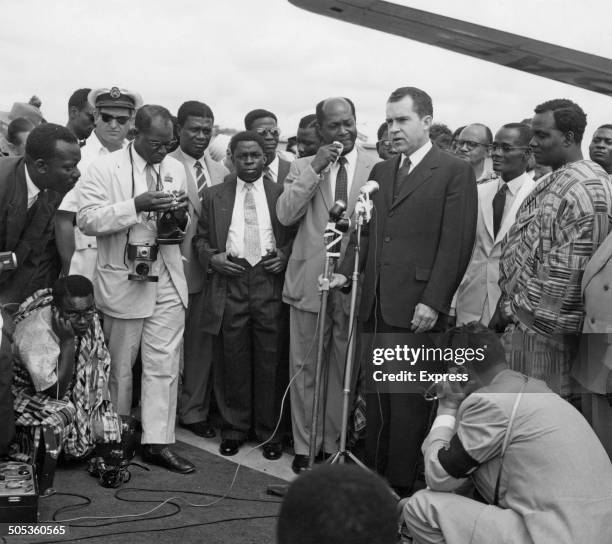 Vice President of the United States Richard Nixon delivers a speech upon his arrival in Accra for the Ghanaian independence celebrations, 5th March...