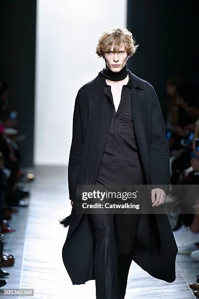 Model walks the runway at the Bottega Veneta Autumn Winter 2016 fashion show during Milan Menswear Fashion Week on January 17, 2016 in Milan, Italy.