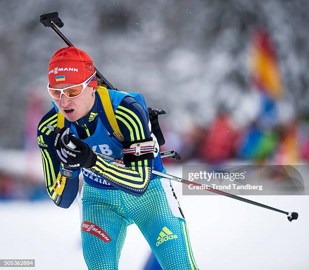 Valj Semerenko of Ukraine in action during the Women 4 x 5 km relay Biathlon race at the IBU Biathlon World Cup Ruhpolding on January 17, 2016 in...