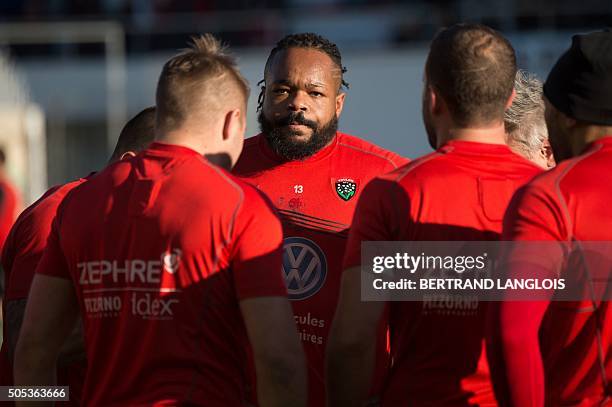 Toulon's French centre Mathieu Bastareaud is pictured prior to the European Champions Cup rugby union match RC Toulon vs Wasps on January 17, 2016 at...