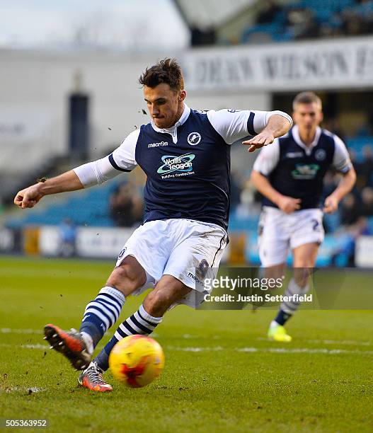 Lee Gregory of Millwall FC scores the second Millwall goal during the Sky Bet League One match between Millwall and Port Vale on January 17, 2016 in...