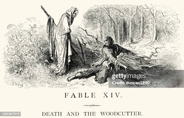 illustrations, cliparts, dessins animés et icônes de la fontaine les fables-mort et la woodcutter - gustave-dore-caricatures-gustave-dore