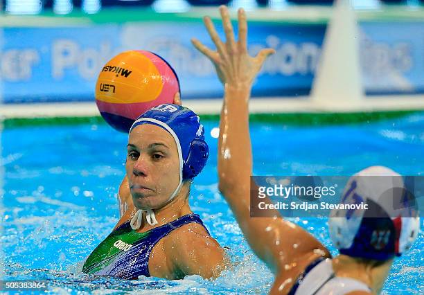 Tania Di Mario of Italy in action against Dragana Ivkovic of Serbia during the Women's Preliminary Group B match between Serbia and Italy at the...