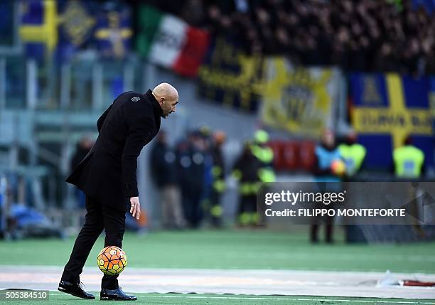 Roma's new coach Luciano Spalletti reacts during the Italian Serie A football match AS Roma vs Hellas Verona at the Olympic Stadium in Rome on...