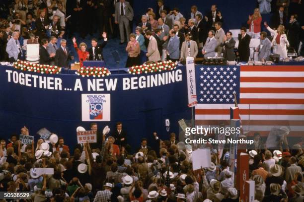 Republican nominee for president Ronald Reagan and wife Nancy addressing the GOP Convention.