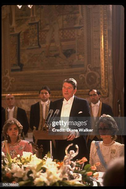 President Ronald Reagan standing at podium next to Spain's Queen Sofia during state dinner at Pardo Palace.