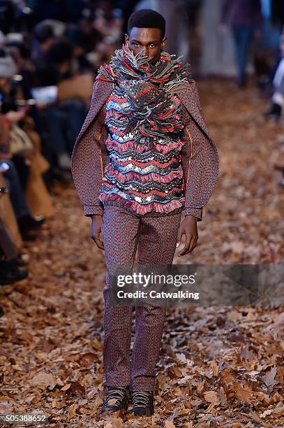 Model walks the runway at the Missoni Autumn Winter 2016 fashion show during Milan Menswear Fashion Week on January 17, 2016 in Milan, Italy.