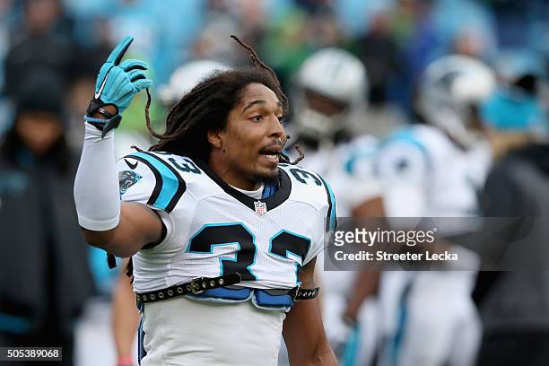 Tre Boston of the Carolina Panthers reacts during pregame against the Seattle Seahawks during the NFC Divisional Playoff Game at Bank of America...