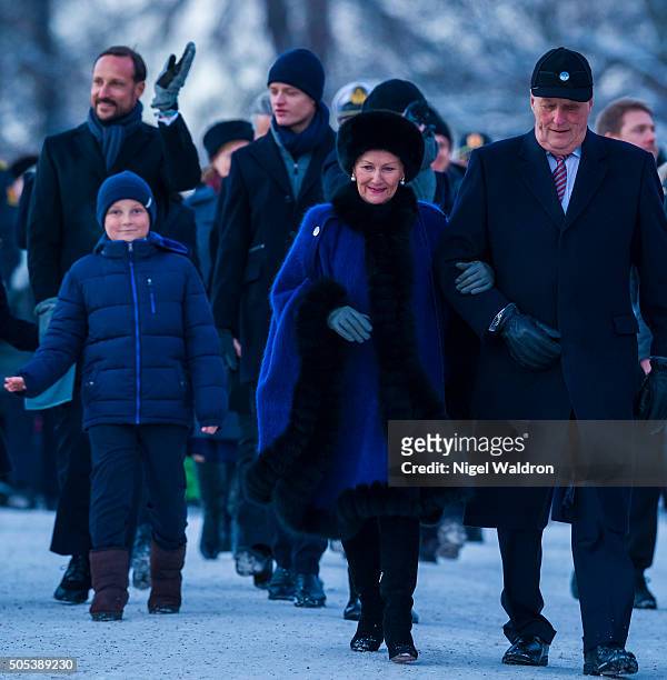 January 17: L-R Prince Sverre Magnus of Norway, Crown Prince Haakon of Norway and Marius Borg Hoiby of Norway, Queen Sonja of Norway and King Harald...