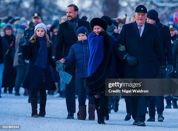 January 17: L-R Princess Ingrid Alexandra of Norway, Crown Prince Haakon of Norway,Prince Sverre Magnus of Norway, Queen Sonja of Norway and King...