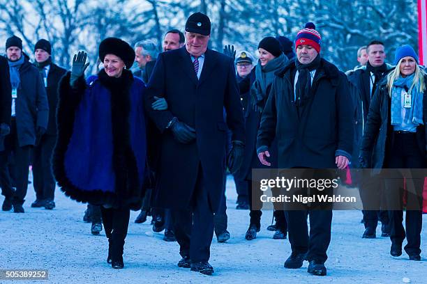 January 17: Queen Sonja of Norway, King Harald of Norway walk from the royal palace to the university for the gala reception during the Celebration...