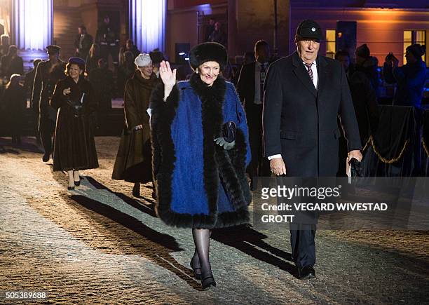 Norway's King Harald and Queen Sonja leave the gala performance in Oslo on January 17, 2016 to celebrate the 25th anniversary of King Harald's...
