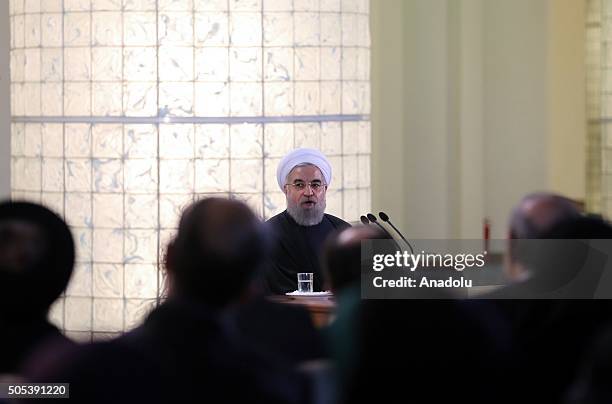 Iranian President Hassan Rouhani gives a speech during a press conference in Tehran, Iran on January 17, 2016. Yesterday, international sanctions on...