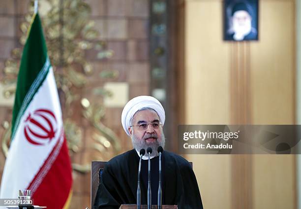 Iranian President Hassan Rouhani gives a speech during a press conference in Tehran, Iran on January 17, 2016. Yesterday, international sanctions on...