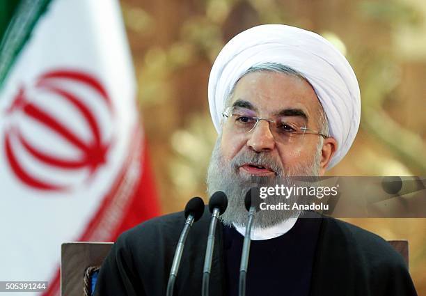 Iranian President Hassan Rouhani gives a speech during a press conference in Tehran, Iran on January 17, 2016. Yesterday, international sanctions on...