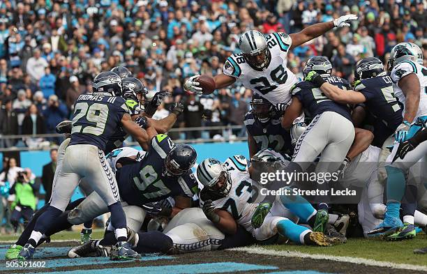 Jonathan Stewart of the Carolina Panthers reaches across the goal line to score a touchdown during the second quarter of the NFC Divisional Playoff...