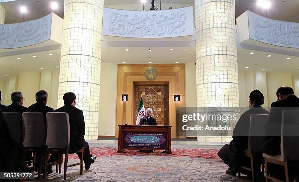 Iranian President Hassan Rouhani gives a speech during a press conference in Tehran, Iran on January 17, 2016. Yesterday, international sanctions on...