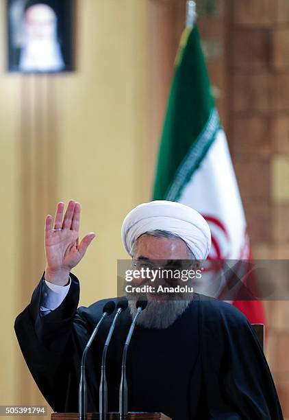 Iranian President Hassan Rouhani gives a speech during a press conference in Tehran, Iran on January 17, 2016. Yesterday, international sanctions on...