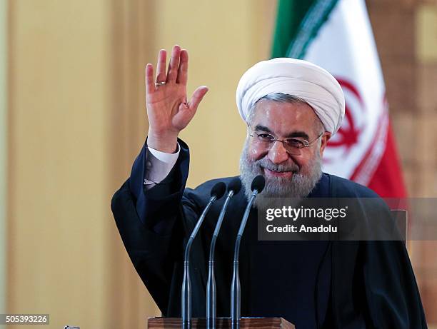 Iranian President Hassan Rouhani gives a speech during a press conference in Tehran, Iran on January 17, 2016. Yesterday, international sanctions on...