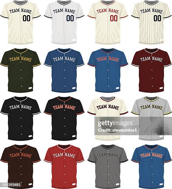 illustrazioni stock, clip art, cartoni animati e icone di tendenza di raccolta di diverse opzioni maglia da baseball colori - divisa da baseball