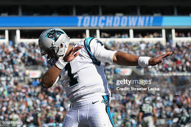 Cam Newton of the Carolina Panthers celebrates after a touchdown during the second quarter of the NFC Divisional Playoff Game against the Seattle...