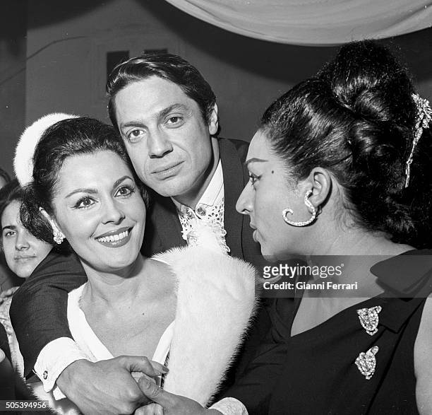 The dancer Antonio, with actresses and singers Paquita Rico and Lola Flores, at the christening of Lolita, the daughter of Lola Flores Madrid, Spain.