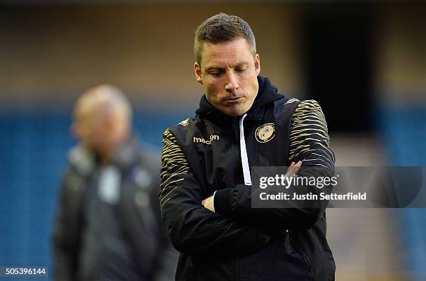 Neil Harris Manager of Millwall FC looks on during the Sky Bet League One match between Millwall and Port Vale on January 17, 2016 in London, England.