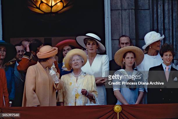 Members of the royal family on the balcony of Buckingham Palace during the Trooping of the colour, 13th June 1992. From left to right Queen...
