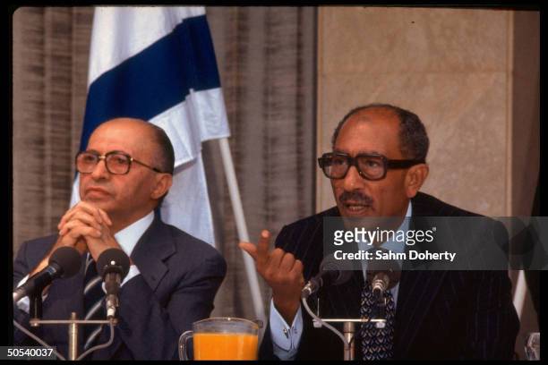 Egyptian President Anwar Sadat and Israeli Prime Minister Menachem Begin during press conference.