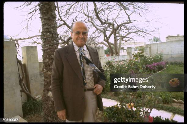 Portrait of Palestinian Consul Gen. Dr. Haidar Abdel Shafi outisde his home